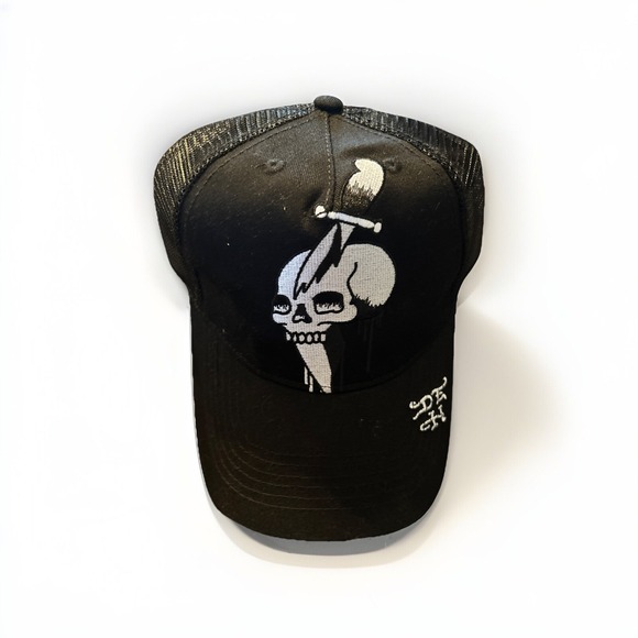 Ed Hardy Logo Stabbed Skull Dagger Black Mesh Tracker Snapback Hat Cap - Picture 1 of 5